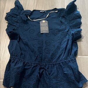 Democracy Dark Blue Eyelet Ruffle Blouse